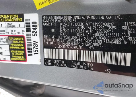 2013 Toyota Sienna Le V6 8 Passenger z USA, uszkodzony, nr VIN 5TDKK3DC5DS348078